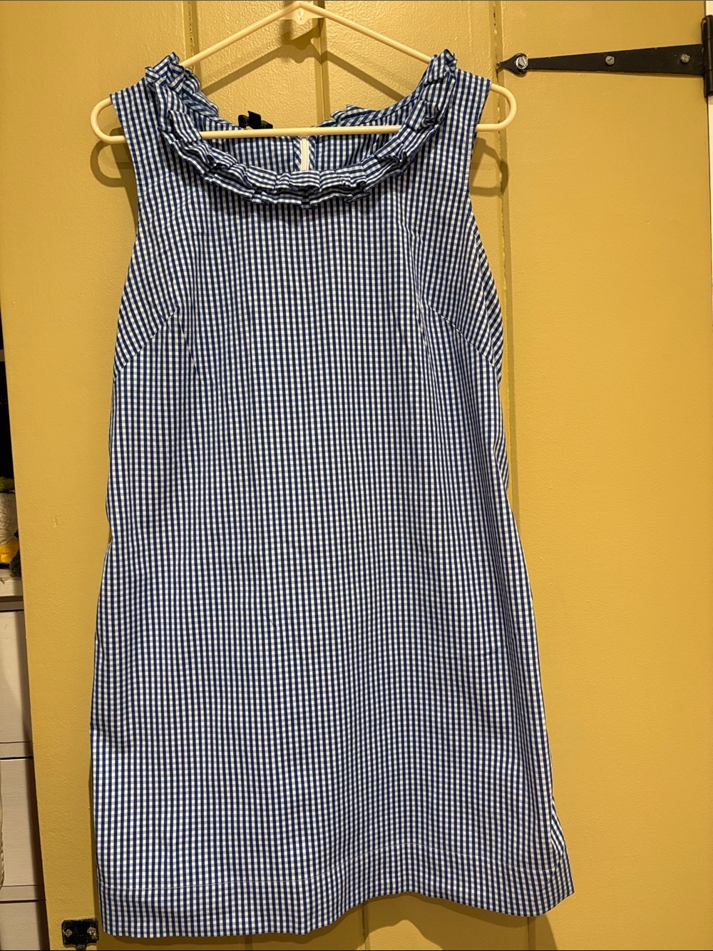 Talbots 14 petite navy and White Gingham Ruffle-Neck Shift Dress.